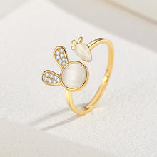 Load image into Gallery viewer, 925 Sterling Silver Plated Gold Simple Cute Rabbit Carrot Imitation Opal Adjustable Open Ring with Cubic Zirconia