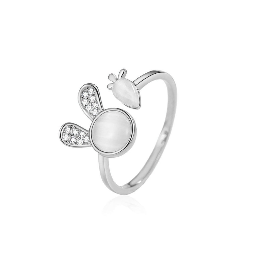 925 Sterling Silver Simple Cute Rabbit Carrot Imitation Opal Adjustable Open Ring with Cubic Zirconia
