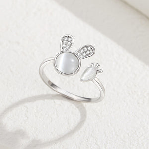925 Sterling Silver Simple Cute Rabbit Carrot Imitation Opal Adjustable Open Ring with Cubic Zirconia