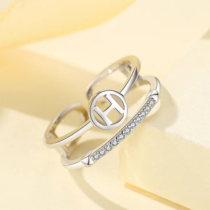 925 Sterling Silver Simple Personality Alphabet H Geometric Double Adjustable Open Ring with Cubic Zirconia