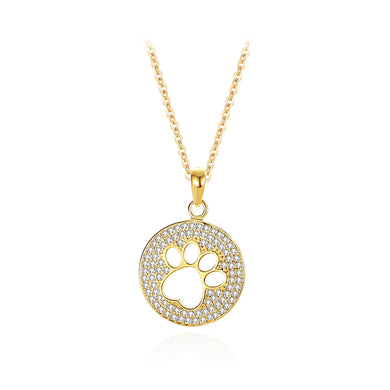 925 Sterling Silver Plated Gold Fashion Brilliant Hollow Cat Claw Geometric Round Pendant with Cubic Zirconia and Necklace