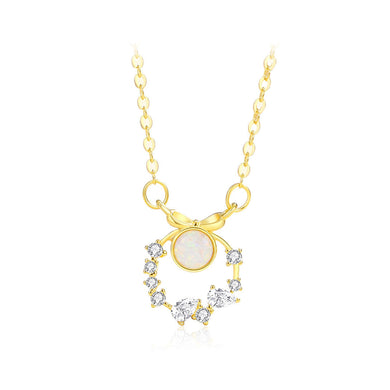 925 Sterling Silver Plated Gold Fashion Simple Ribbon Flower Pendant with Cubic Zirconia and Necklace