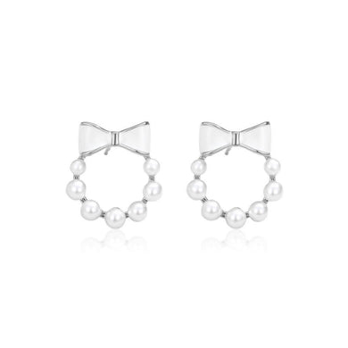 925 Sterling Silver Fashion Simple Ribbon Garland Imitation Pearl Stud Earrings