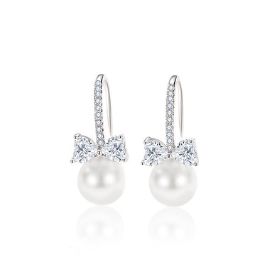 925 Sterling Silver Fashion Sweet Ribbon Imitation Pearl Earrings with Cubic Zirconia