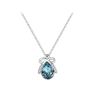 925 Sterling Silver Fashion Temperament Ribbon Water Drop Pendant with Blue Cubic Zirconia and Necklace