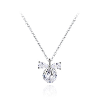 925 Sterling Silver Simple Sweet Ribbon Geometric Pendant with Cubic Zirconia and Necklace