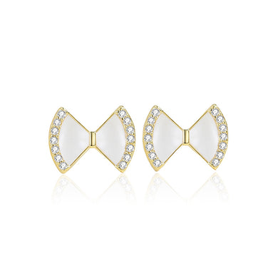 925 Sterling Silver Plated Gold Simple Sweet Ribbon Mother-of-pearl Stud Earrings with Cubic Zirconia