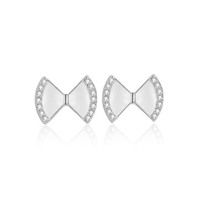 925 Sterling Silver Simple Sweet Ribbon Mother-of-pearl Stud Earrings with Cubic Zirconia