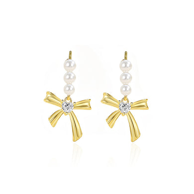 925 Sterling Silver Plated Gold Simple Sweet Ribbon Imitation Pearl Earrings with Cubic Zirconia