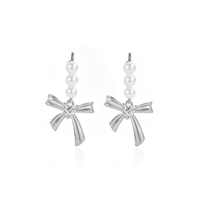 925 Sterling Silver Simple Sweet Ribbon Imitation Pearl Earrings with Cubic Zirconia