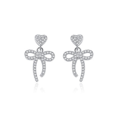 925 Sterling Silver Sweet Brilliant Ribbon Heart Earrings with Cubic Zirconia