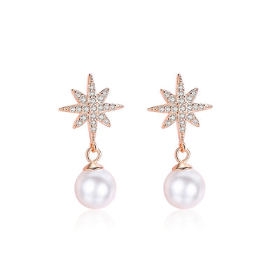 925 Sterling Silver Plated Rose Gold Fashion Elegant Star Imitation Pearl Earrings with Cubic Zirconia