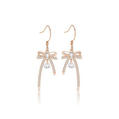 925 Sterling Silver Plated Rose Gold Simple Sweet Ribbon Earrings with Cubic Zirconia