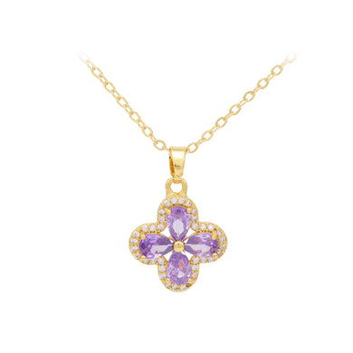 Fashion Brilliant Plated Gold Four-Leafed Clover Pendant with Purple Cubic Zirconia and Necklace