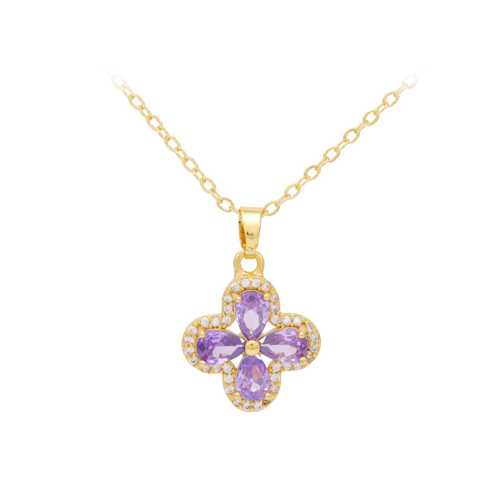Fashion Brilliant Plated Gold Four-Leafed Clover Pendant with Purple Cubic Zirconia and Necklace