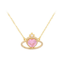 Load image into Gallery viewer, Fashion Creative Plated Gold Heart-shaped Crown Pendant with Pink Cubic Zirconia and Necklace
