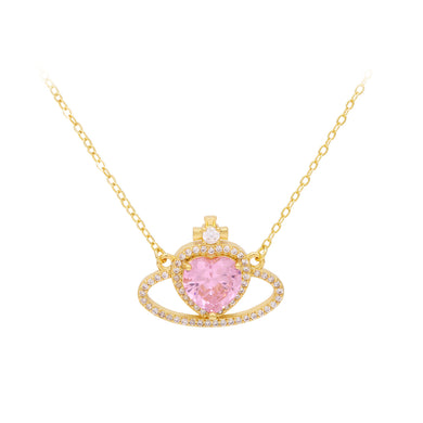 Fashion Creative Plated Gold Heart-shaped Crown Pendant with Pink Cubic Zirconia and Necklace