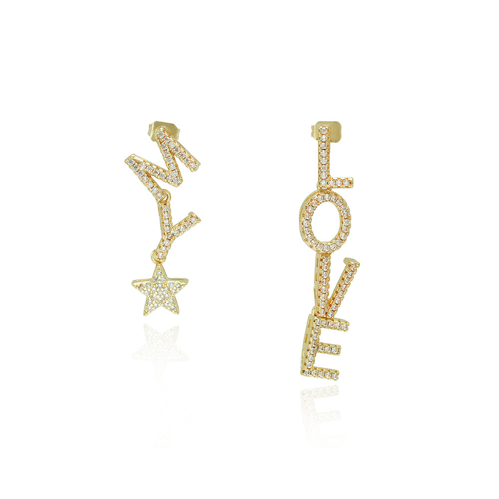 Fashion Sweet Plated Gold MY LOVE Alphabet Star Asymmetrical Earrings with Cubic Zirconia