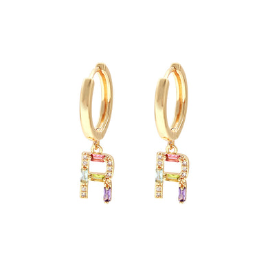 Fashion Simple Plated Gold Alphabet R Geometric Earrings with Colorful Cubic Zirconia