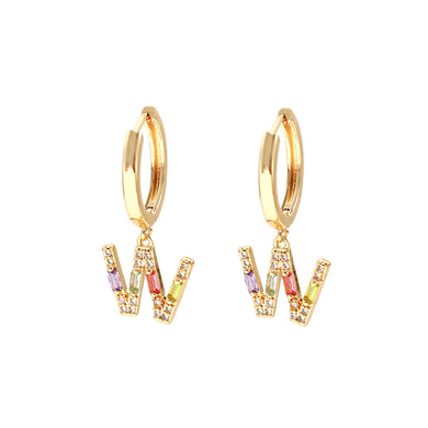 Fashion Simple Plated Gold Alphabet W Geometric Earrings with Colorful Cubic Zirconia