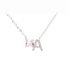 Load image into Gallery viewer, Fashion Simple Alphabet A Geometric Cube Pendant with Pink Cubic Zirconia and Necklace