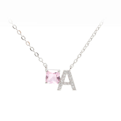 Fashion Simple Alphabet A Geometric Cube Pendant with Pink Cubic Zirconia and Necklace