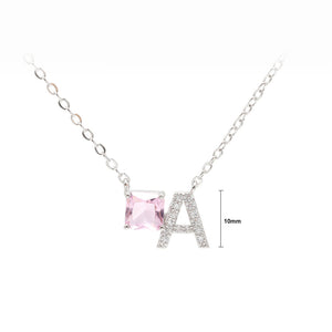 Fashion Simple Alphabet A Geometric Cube Pendant with Pink Cubic Zirconia and Necklace