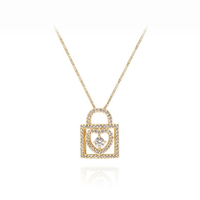 Fashion Simple Plated Gold Hollow Heart Lock Pendant with Cubic Zirconia and Necklace