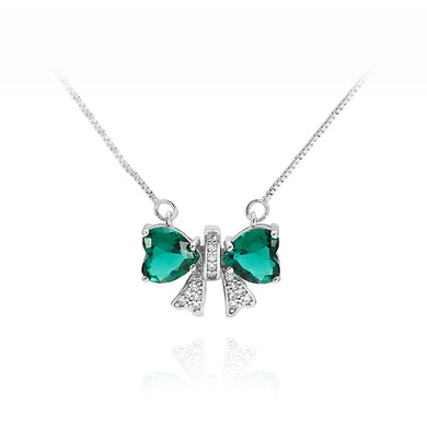 Simple Sweet Ribbon Pendant with Green Cubic Zirconia and Necklace