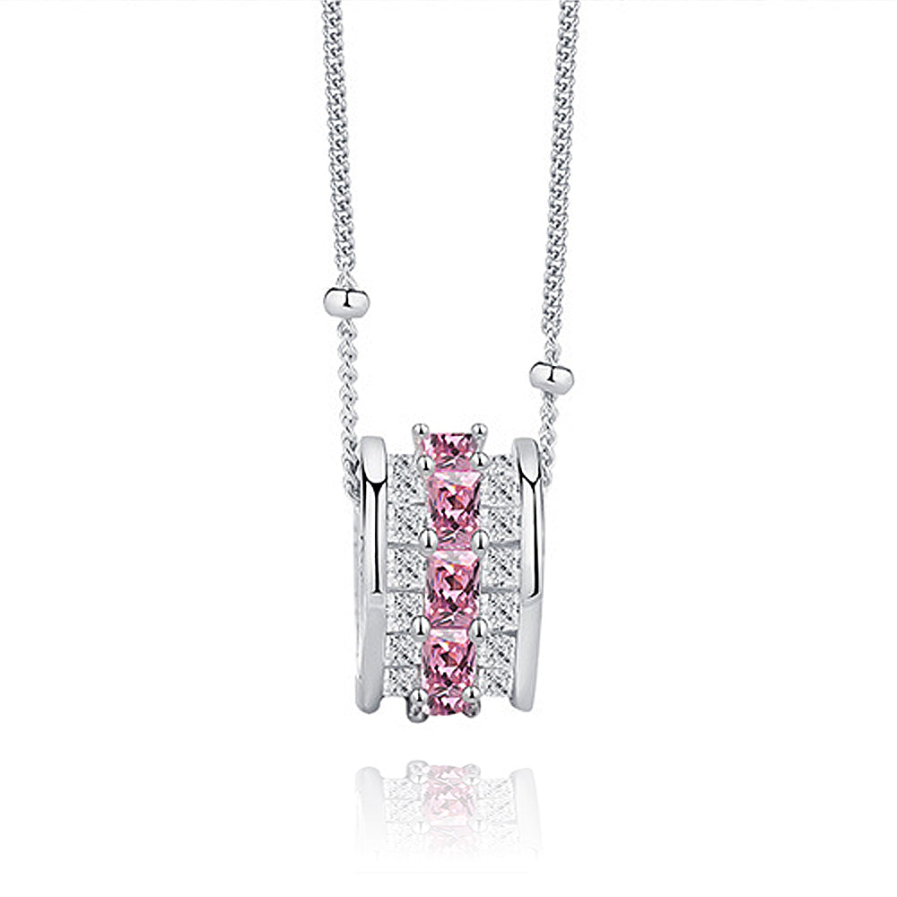 925 Sterling Silver Stylish Word Love Elegant Cylinder Pendant with Pink Cubic Zircon and Necklace
