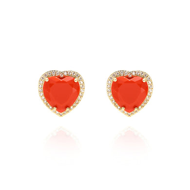Simple Fashion Plated Gold Heart Stud Earrings with Orange Cubic Zirconia