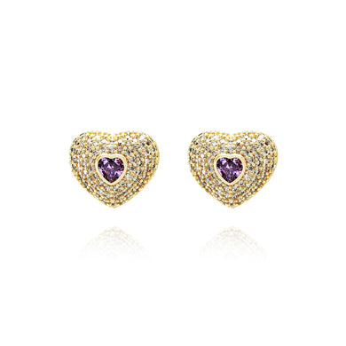 Simple Brilliant Plated Gold Heart Stud Earrings with Purple Cubic Zirconia