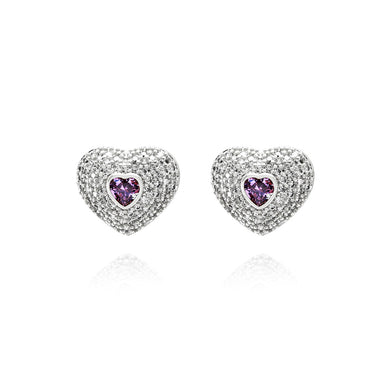 Simple Brilliant Heart Stud Earrings with Purple Cubic Zirconia