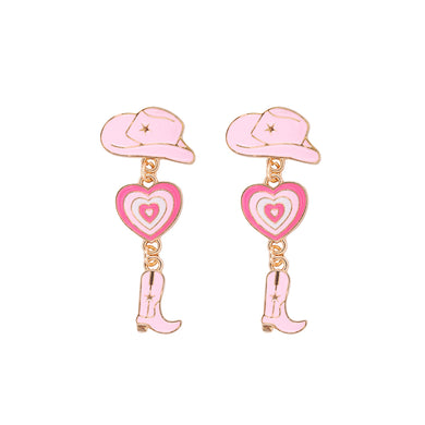 Fashion Creative Plated Gold Enamel Pink Hat Heart-shaped Boots Tassel Earrings