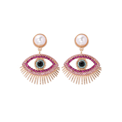 Fashion Personality Plated Gold Devil Eye Imitation Pearl Earrings with Rose Red Cubic Zirconia