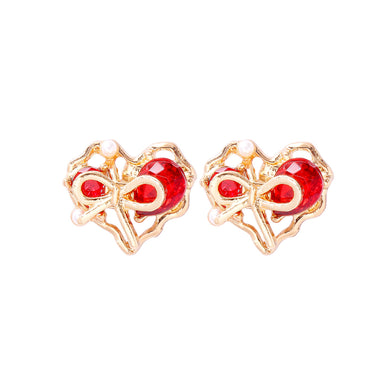 Simple and Fashion Plated Gold Ribbon Heart-shaped Stud Earrings with Red Cubic Zirconia