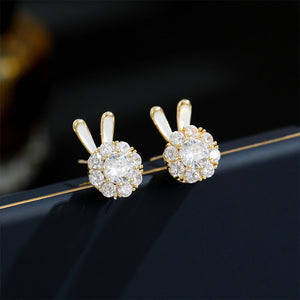 Simple Cute Plated Gold Rabbit Stud Earrings with Cubic Zirconia