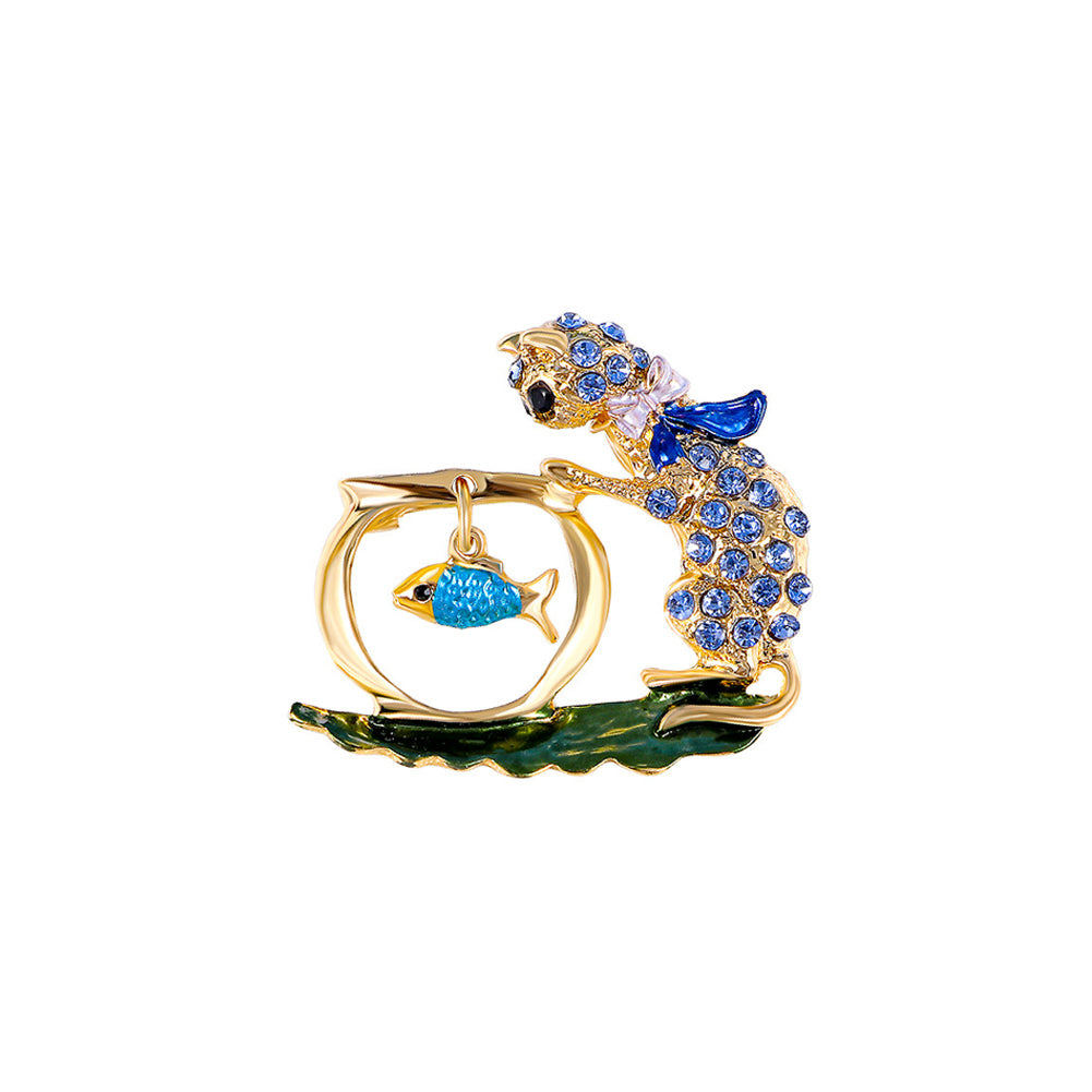 Fashion Cute Plated Gold Cat Brooch with Blue Cubic Zirconia