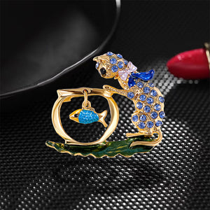 Fashion Cute Plated Gold Cat Brooch with Blue Cubic Zirconia