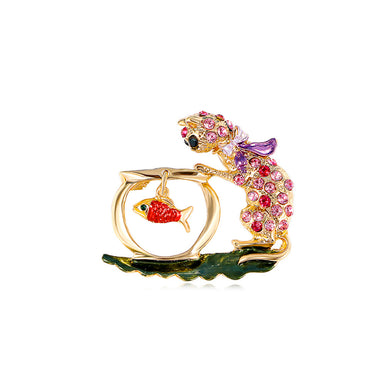 Fashion Cute Plated Gold Cat Brooch with Red Cubic Zirconia