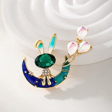 Load image into Gallery viewer, Fashion and Creative Plated Gold Enamel Rabbit Moon Brooch with Cubic Zirconia