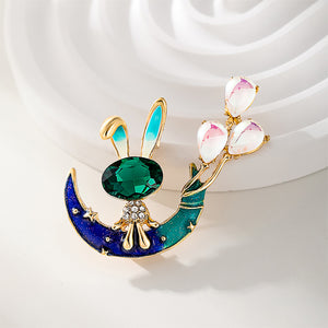Fashion and Creative Plated Gold Enamel Rabbit Moon Brooch with Cubic Zirconia