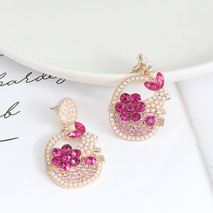 Fashion and Temperament Plated Gold Rabbit Flower Basket Imitation Pearl Earrings with Cubic Zirconia