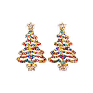 Fashion and Elegant Plated Gold Christmas Tree Stud Earrings with Colored Cubic Zirconia