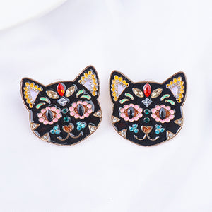 Simple and Cute Plated Gold Enamel Black Cat Pattern Stud Earrings with Cubic Zirconia