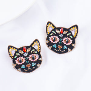 Simple and Cute Plated Gold Enamel Black Cat Pattern Stud Earrings with Cubic Zirconia