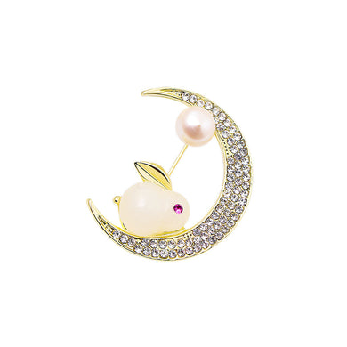 Fashion and Elegant Plated Gold Rabbit Moon Brooch with Cubic Zirconia