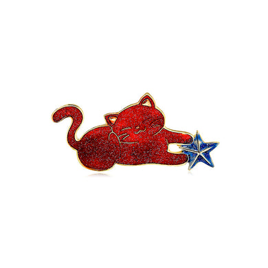 Simple and Cute Plated Gold Enamel Red Cat Star Brooch