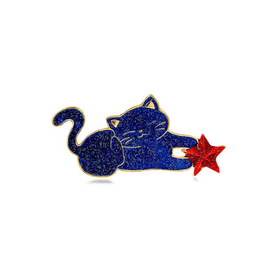 Simple and Cute Plated Gold Enamel Blue Cat Star Brooch