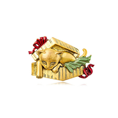 Fashion Vintage Plated Gold Cat Gift Box Brooch